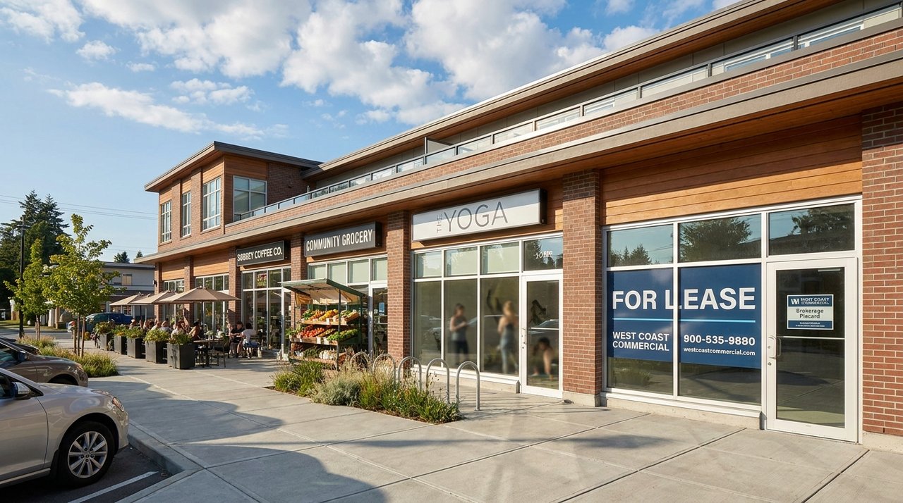 Architectural render of a Surrey, BC street-level retail strip with a 'FOR LEASE' window decal on a vacant unit — the type of retail tenancy AG. Song leases for commercial clients, for AG. Song REALTOR®
