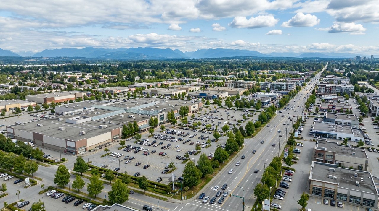 Aerial architectural render of a busy Surrey, BC commercial node near Guildford Town Centre — retail trade-area context AG. Song uses to position retail-leasing listings, for AG. Song REALTOR®