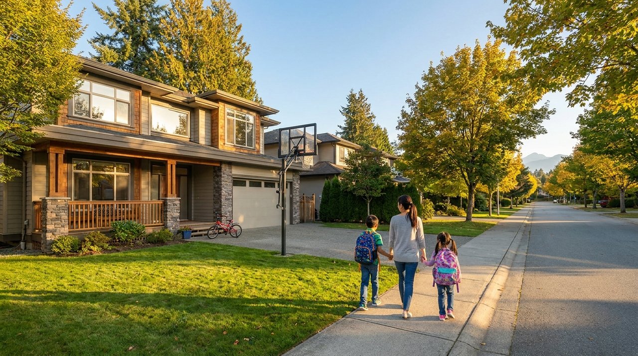 Architectural render of a Surrey, BC family home in a top-rated school catchment — a mom and two children walking to school past a maple-lined sidewalk, the kind of property AG. Song finds for school-district-home-search clients, for AG. Song REALTOR®