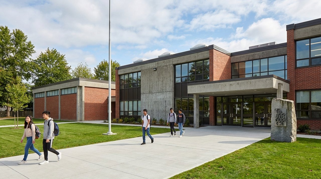 Architectural render of a Surrey, BC public secondary school exterior — mid-century brick-and-glass school building, students walking outside, the kind of catchment school AG. Song researches for school-district-home-search clients, for AG. Song REALTOR®