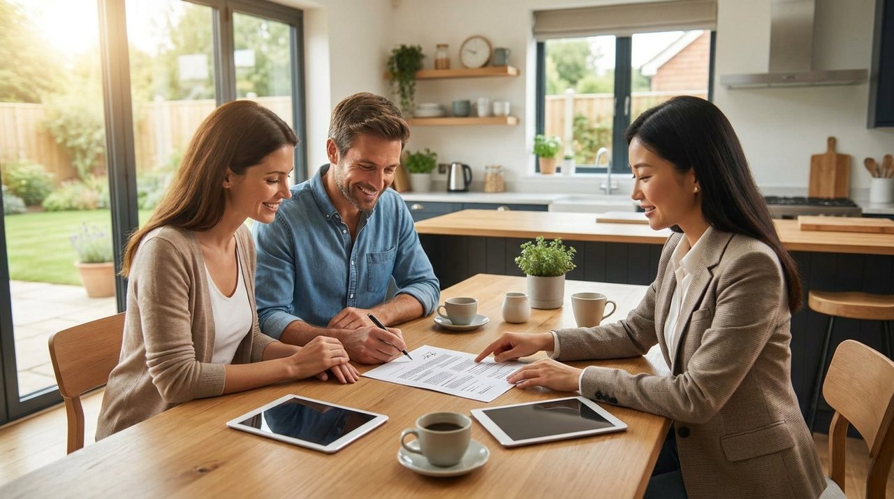 Architectural render of a seller signing a listing agreement with a REALTOR at a kitchen table in a Surrey home, for AG. Song REALTOR®