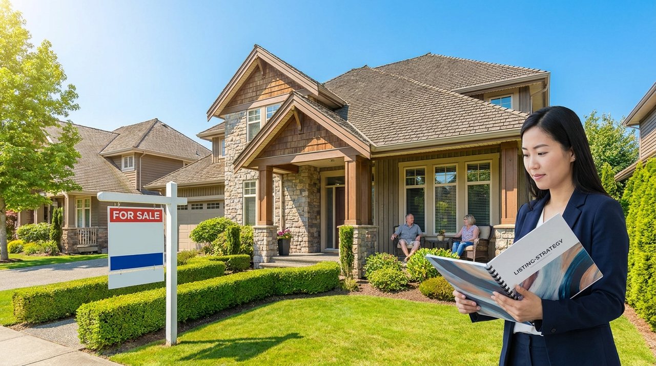 Architectural render of a REALTOR presenting a listing and pricing strategy to home sellers at their Surrey, BC house, for AG. Song REALTOR®
