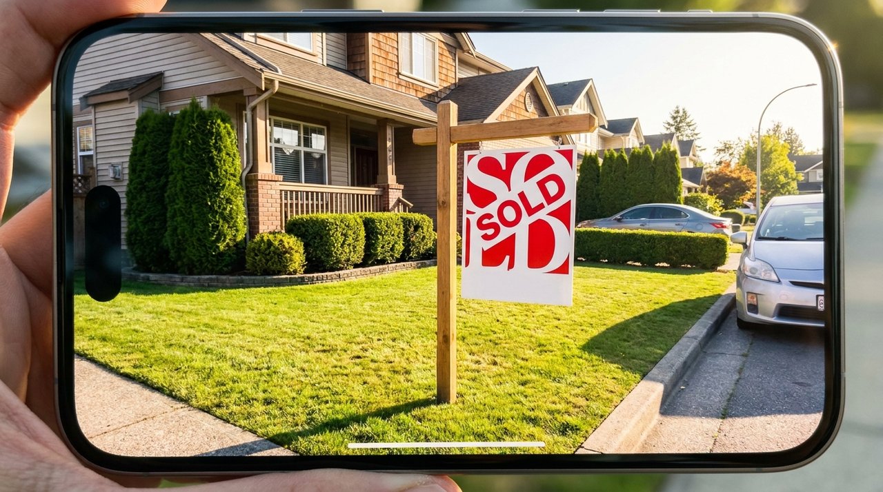 Candid phone photo of a SOLD real-estate sign on the lawn of a Surrey, BC home, for AG. Song REALTOR®