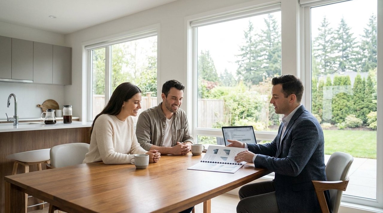 Architectural render of a listing consultation between a REALTOR and sellers in a Surrey, BC home, for AG. Song REALTOR®