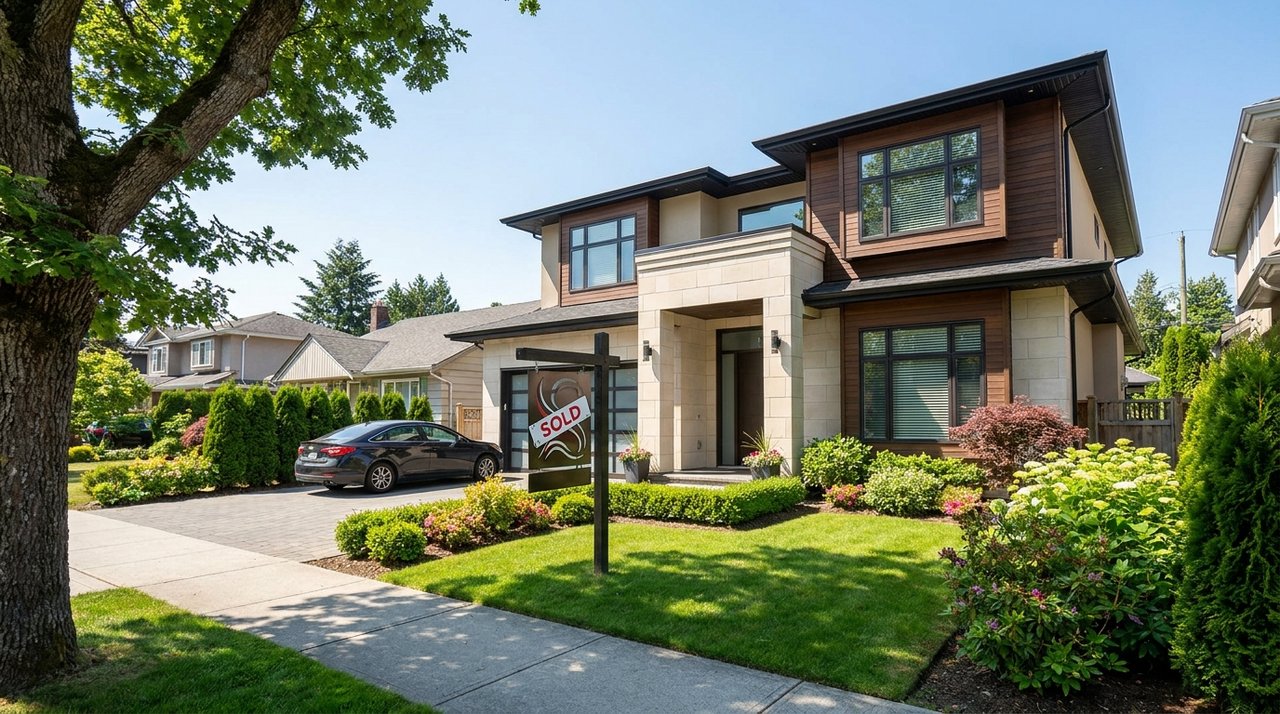 Architectural render of a staged Surrey, BC home with a SOLD sign on the lawn, for AG. Song REALTOR®