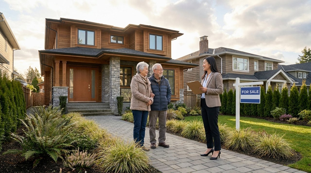 Architectural render of a warm senior couple meeting their REALTOR outside their Surrey, BC home, for AG. Song REALTOR®