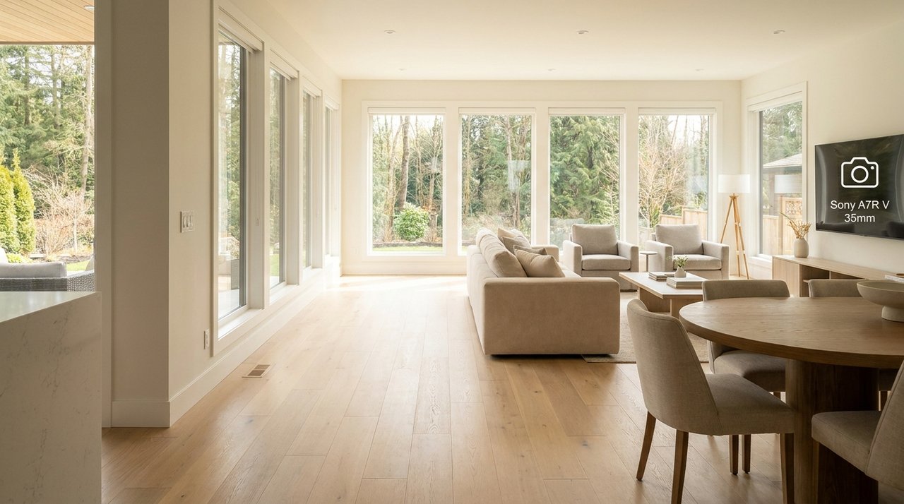 Editorial photo of a bright senior-friendly home interior in Surrey, BC with open, accessible spaces, for AG. Song REALTOR®
