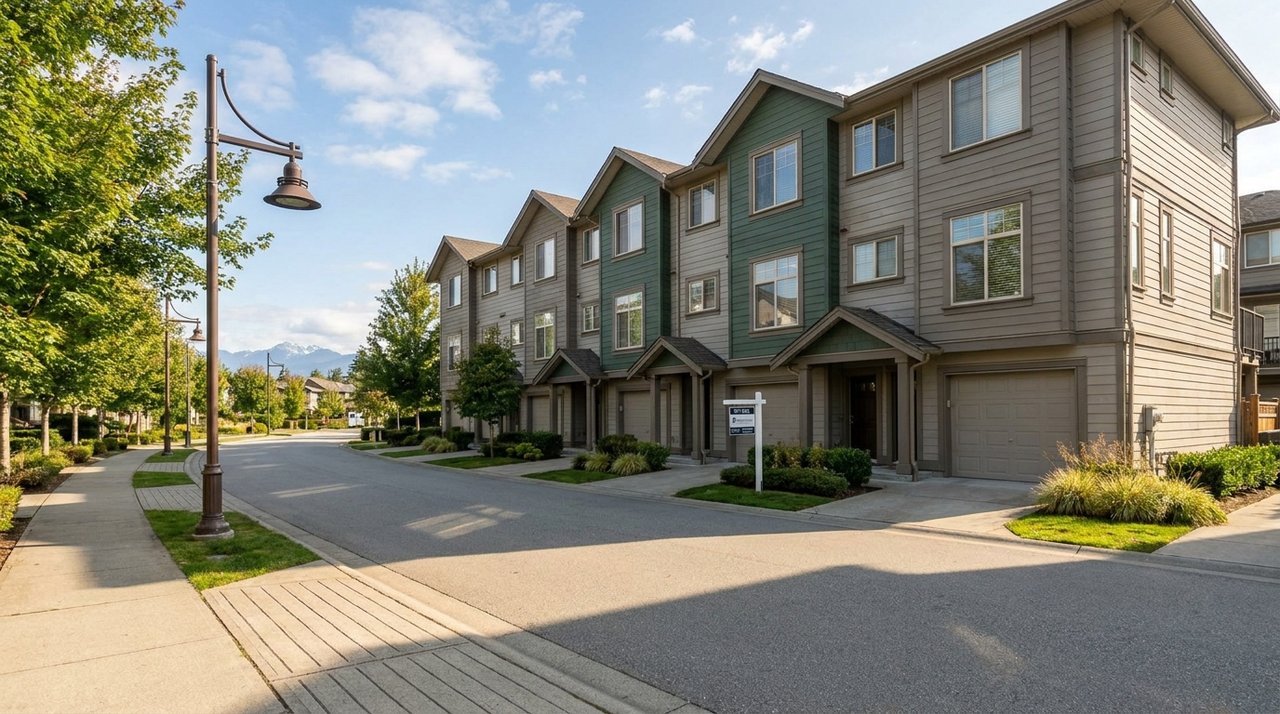 Architectural render of a Cloverdale townhome streetscape in Surrey, BC — established family townhome inventory in one of Surrey's growing south-east neighbourhoods, for AG. Song REALTOR®