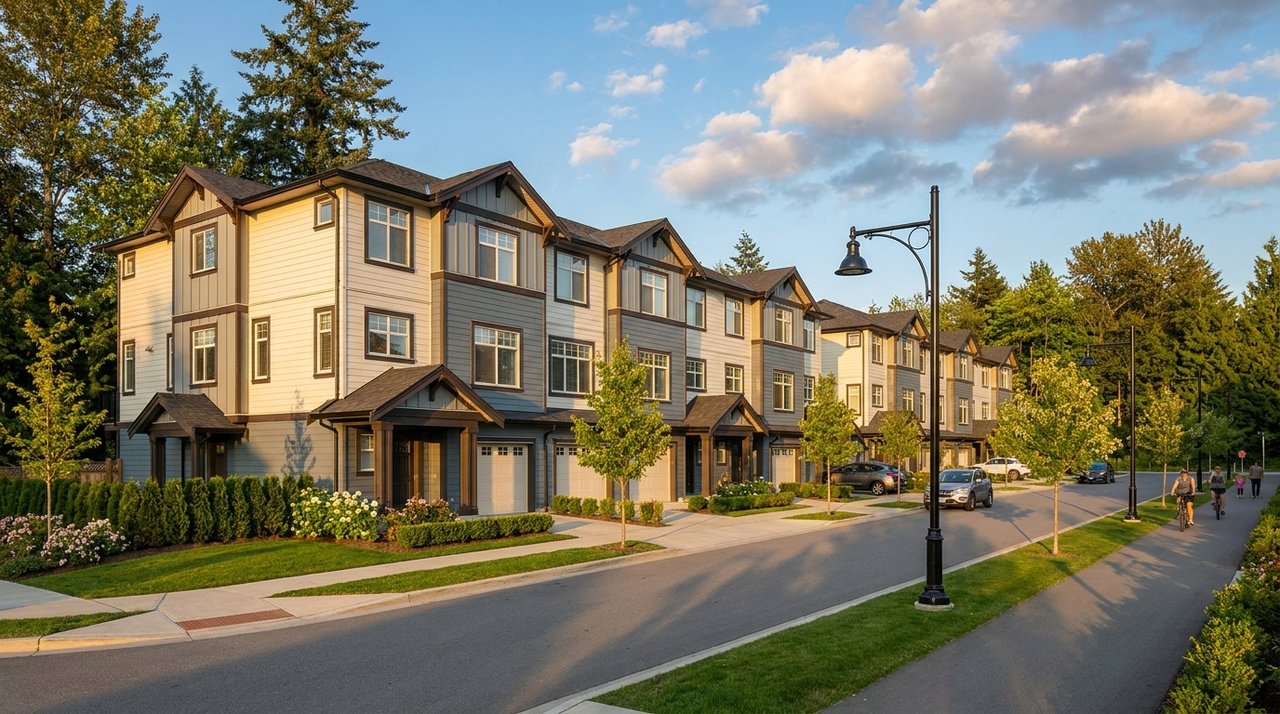 Architectural render of a Fleetwood townhome row exterior in Surrey, BC — modern family townhomes near the future Fleetwood SkyTrain station, for AG. Song REALTOR®