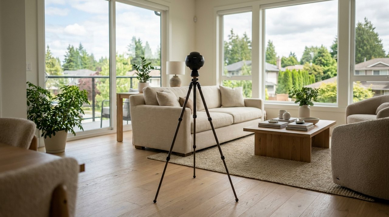 Virtual tour capture in a Surrey home Editorial photo of a 360-degree camera on a tripod capturing a staged room in a Surrey, BC home for a virtual tour, for AG. Song REALTOR®