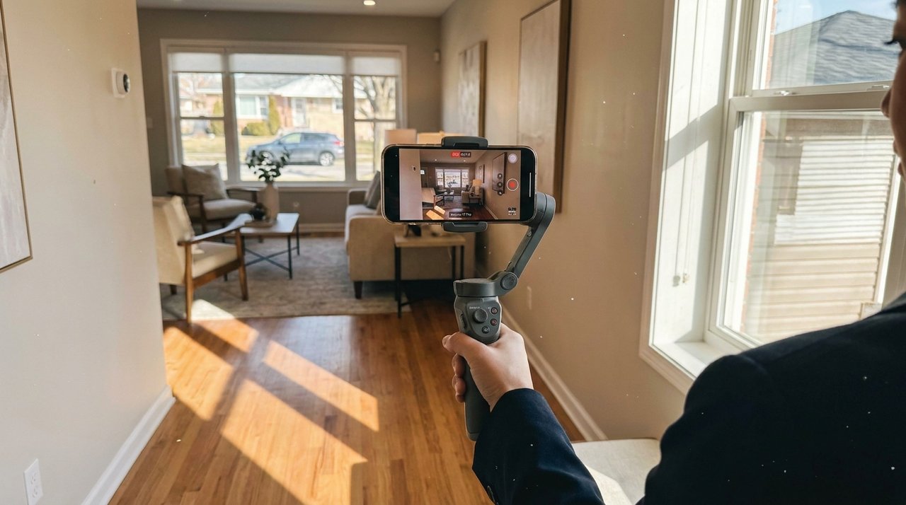 Filming a video walkthrough Candid phone photo of a REALTOR filming a video walkthrough on a phone gimbal in a Surrey, BC home, for AG. Song REALTOR®