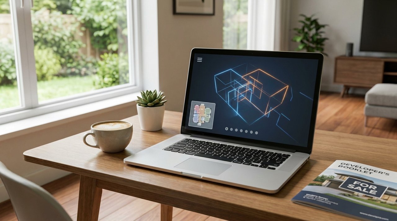 Virtual tour on a laptop Architectural render of a laptop showing an interactive virtual home tour interface on a desk in a Surrey, BC home, for AG. Song REALTOR®