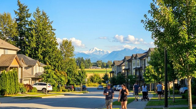 Candid summer streetscape in Aldergrove, Langley Township, BC — tree-lined rural-suburban road near 272nd Street and Fraser Highway with Mount Baker on the southeast horizon, photographed for AG. Song REALTOR®