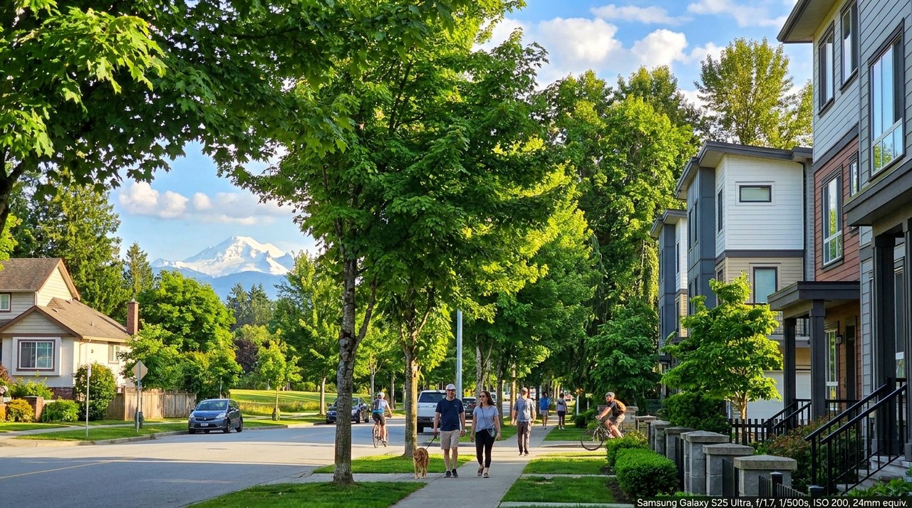 Bear Creek, Surrey, BC — park-adjacent family streetscape Residential streetscape adjacent to Bear Creek Park in Surrey, BC — 60+ acre family-recreation park with the neighbourhood's signature green buffer, shot for AG. Song REALTOR®