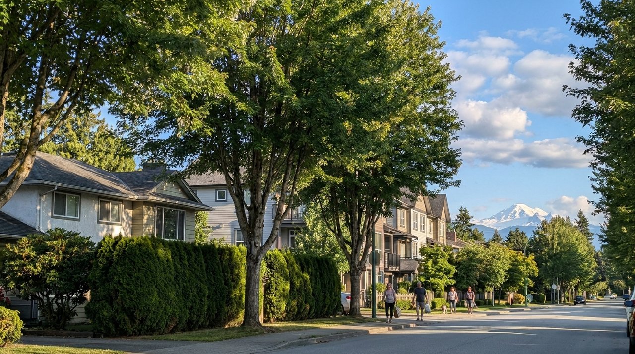 Quiet established streetscape in Cedar Hills, Surrey, BC — 1960s-70s detached homes on large lots with mature trees, photographed for AG. Song REALTOR®