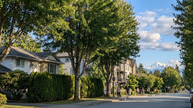Quiet established streetscape in Cedar Hills, Surrey, BC — 1960s-70s detached homes on large lots with mature trees, photographed for AG. Song REALTOR®