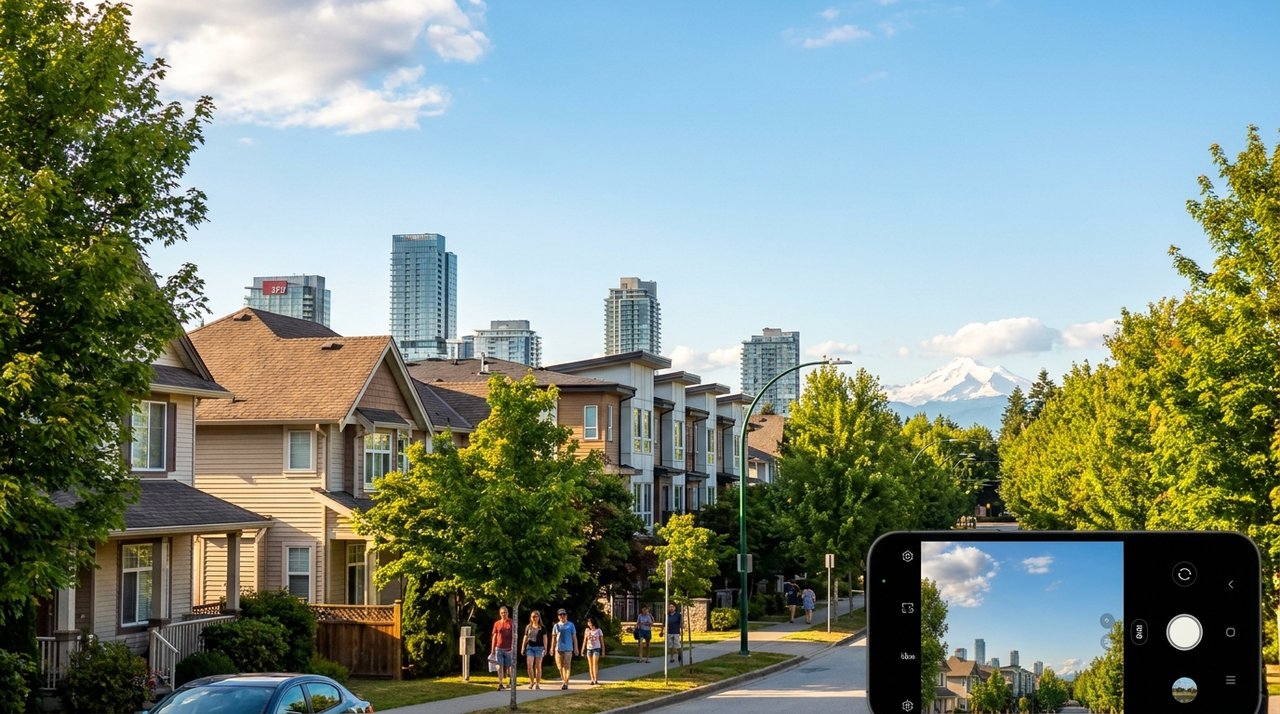 Downtown Surrey City Centre urban streetscape — Surrey Central SkyTrain station, glass condo towers, SFU Surrey campus at King George Boulevard and 104 Avenue, photographed for AG. Song REALTOR®