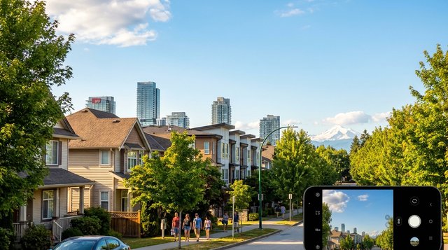 Downtown Surrey City Centre urban streetscape — Surrey Central SkyTrain station, glass condo towers, SFU Surrey campus at King George Boulevard and 104 Avenue, photographed for AG. Song REALTOR®