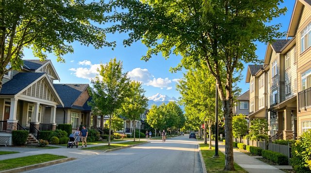 Clayton Heights, Surrey, BC — summer residential streetscape with modern townhomes, shot on Samsung Galaxy S25 Ultra for AG. Song REALTOR®