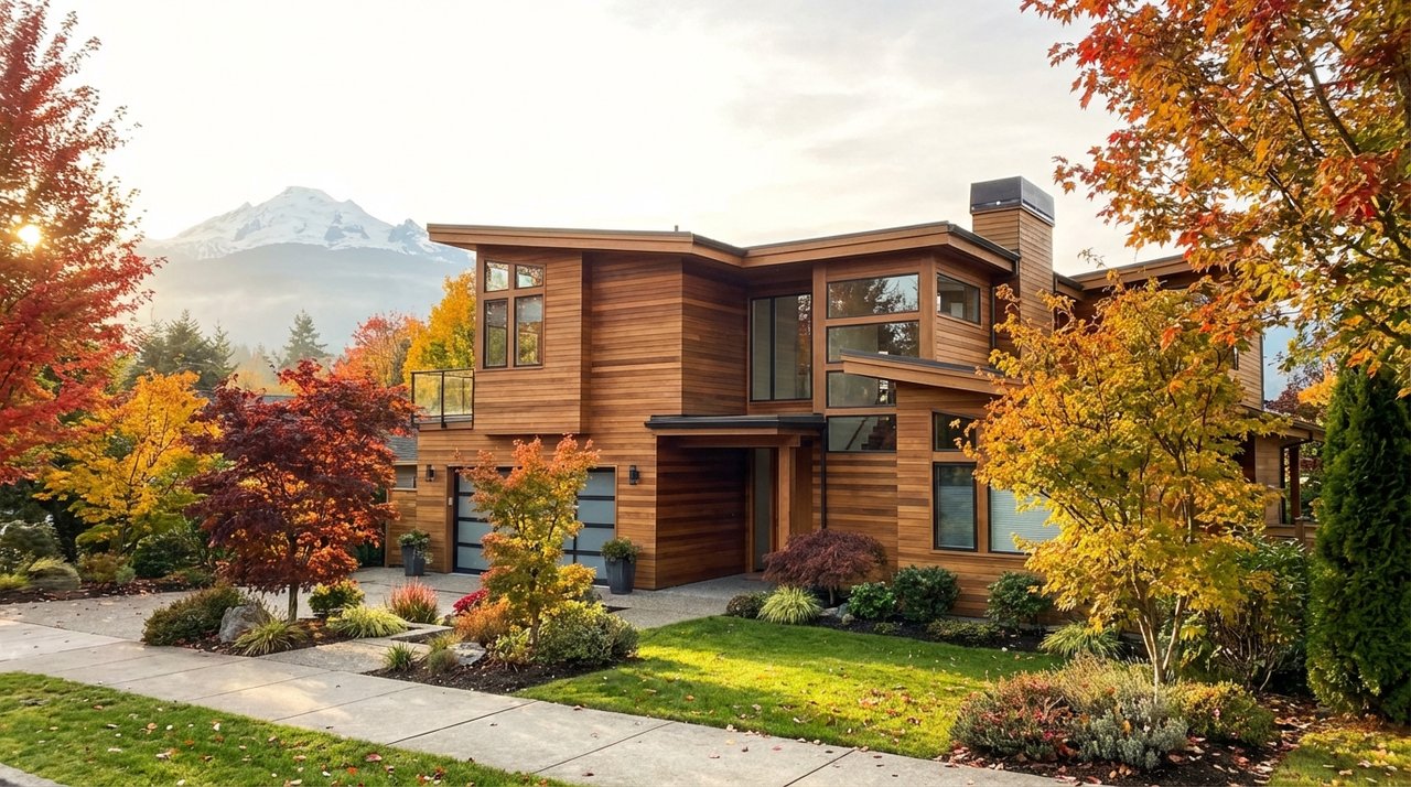 Mid-century modern home exterior in Cloverdale, Surrey, BC — fall afternoon with autumn maples and mountain backdrop, photographed for AG. Song REALTOR®