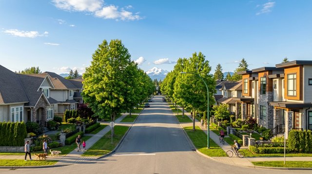Tree-lined residential street in Fleetwood, Surrey, BC — summer streetscape with Coast Mountains in the distance, photographed for AG. Song REALTOR®