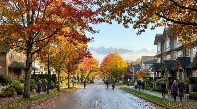 Fort Langley historic main street in autumn — Glover Road with heritage shopfronts, fall maples, and Golden Ears mountains, photographed for AG. Song REALTOR®