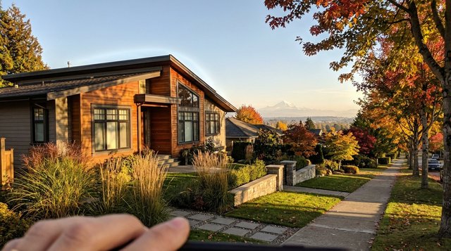 Fraser Heights home exterior with Fraser River valley view, autumn afternoon in Surrey, BC — for AG. Song REALTOR®