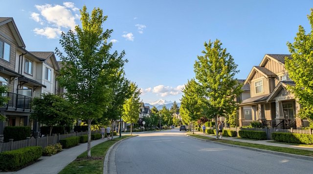 Grandview Heights new-development streetscape in Surrey, BC — modern townhomes and young street trees, photographed for AG. Song REALTOR®