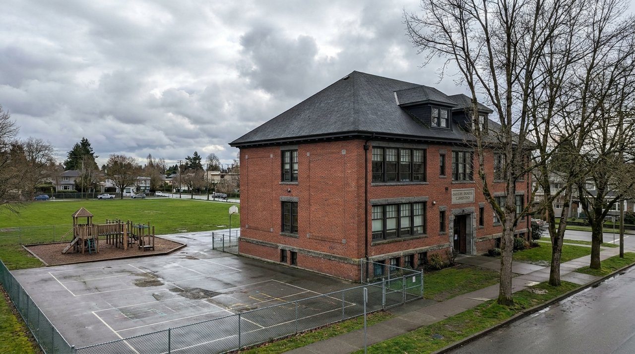 Charles Dickens Elementary, Kensington-Cedar Cottage, Vancouver Realtor phone snap of Charles Dickens Elementary School exterior in Kensington-Cedar Cottage, Vancouver, BC — a popular SD39 catchment school, for AG. Song REALTOR®