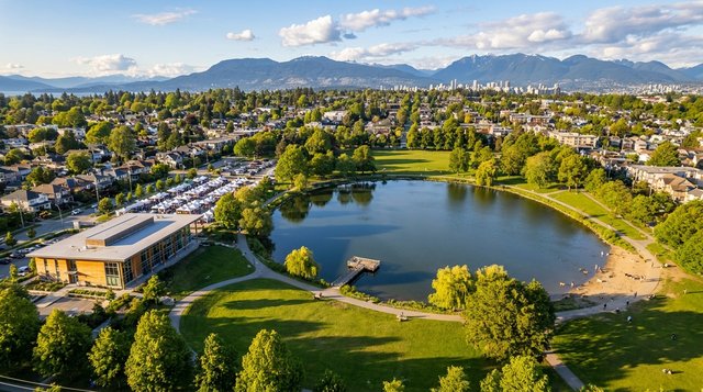 Architectural render aerial view of John Hendry Park (Trout Lake) in Kensington-Cedar Cottage, Vancouver, BC — the green heart of central East Vancouver, for AG. Song REALTOR®