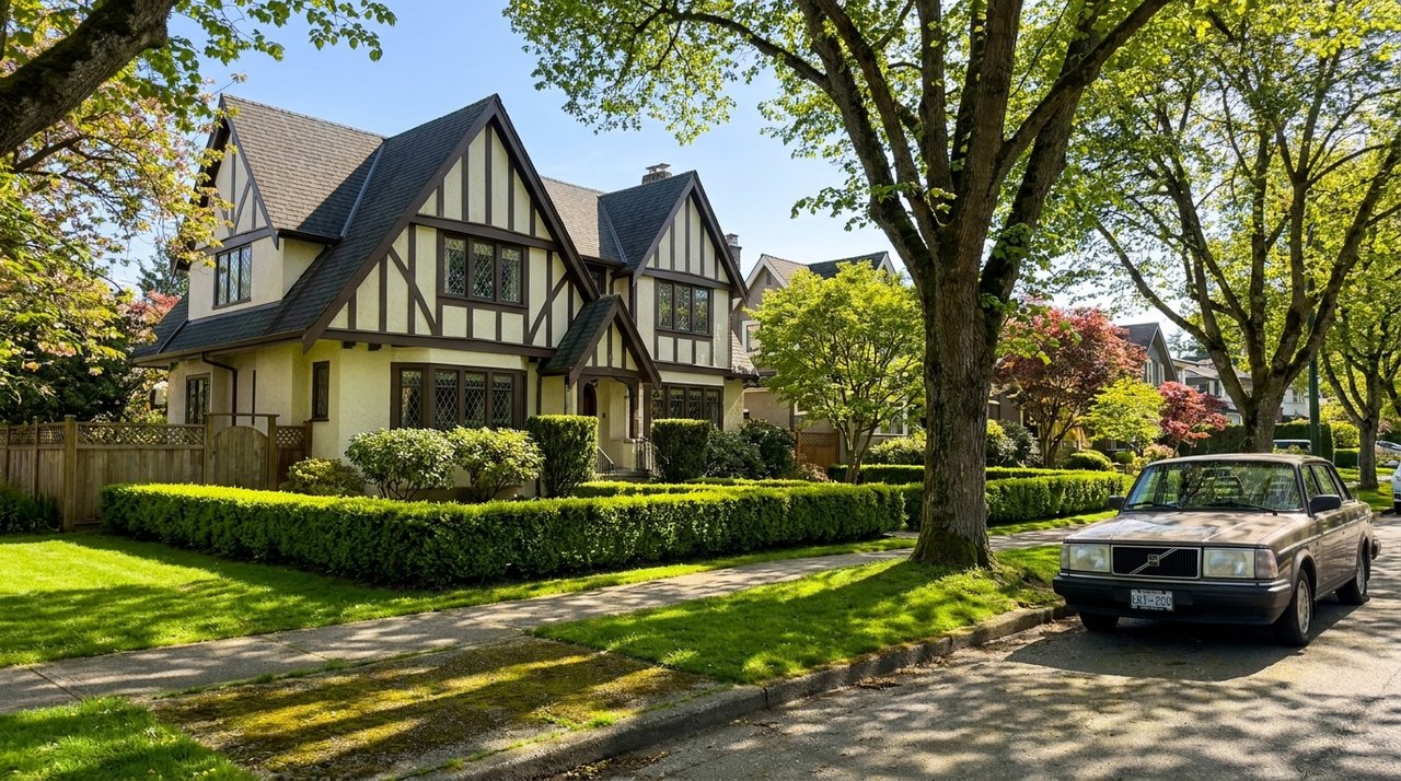 Kerrisdale character home near Elm Park, Vancouver Candid phone photo of a 1930s Tudor-style character home on a tree-lined street near Elm Park in Kerrisdale, Vancouver, BC — manicured hedge, mature trees, the established Westside streetscape Kerrisdale buyers look for, for AG. Song REALTOR®