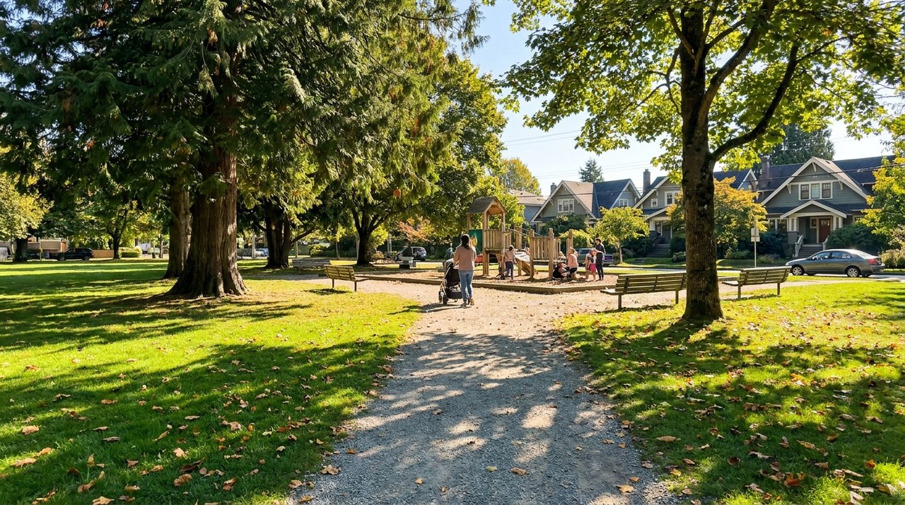 Maple Grove Park, Kerrisdale — family park life Candid phone photo of Maple Grove Park in Kerrisdale, Vancouver, BC — families on the playground under mature trees, character homes visible beyond the park edge — the family-park lifestyle that draws buyers to Kerrisdale, for AG. Song REALTOR®