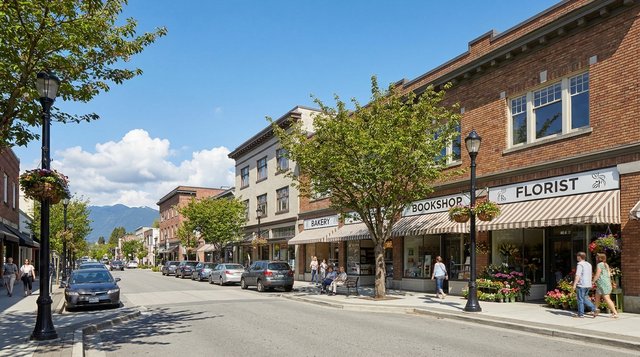 Architectural render of the Kerrisdale shopping village along West Boulevard, Vancouver, BC — low-rise heritage retail buildings with awnings and hanging flower baskets, mature street trees, mountain glimpse — the Westside village centre of the Kerrisdale neighbourhood, for AG. Song REALTOR®