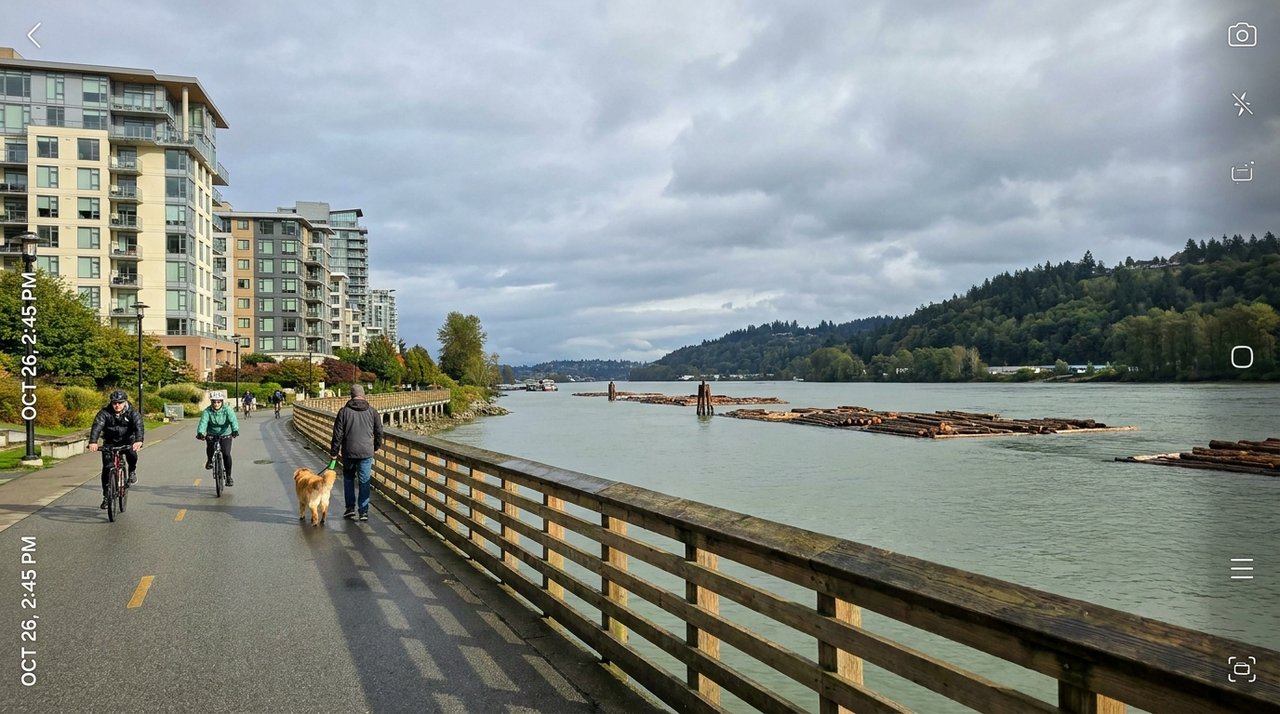 Realtor phone snap of the Fraser River waterfront and Riverfront Park trail in Killarney, Vancouver, BC — the southern edge of the River District, for AG. Song REALTOR®