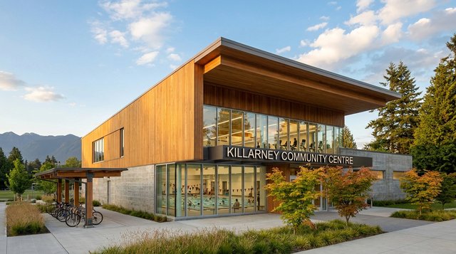 Architectural render of Killarney Community Centre exterior in Killarney, Vancouver, BC — the civic anchor of southeast Vancouver, for AG. Song REALTOR®