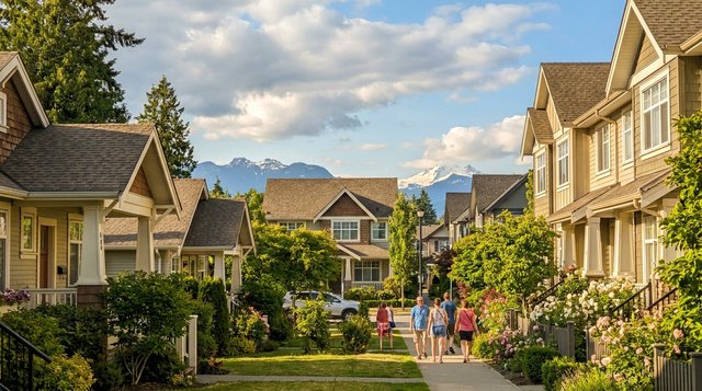 Candid summer streetscape in downtown Langley City, BC — walkable urban core along Fraser Highway near the Langley Centre bus loop, photographed for AG. Song REALTOR®
