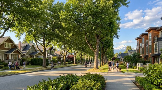 Tree-lined character-home street in Ocean Park, Surrey, BC — seaside village with tall trees and glimpses of Semiahmoo Bay, photographed for AG. Song REALTOR®