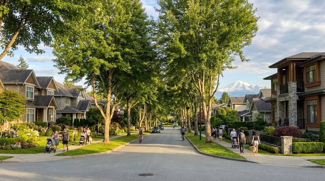 Panorama Ridge, Surrey, BC — tree-lined residential streetscape with elevated views and Coast Mountains on the horizon, photographed for AG. Song REALTOR®