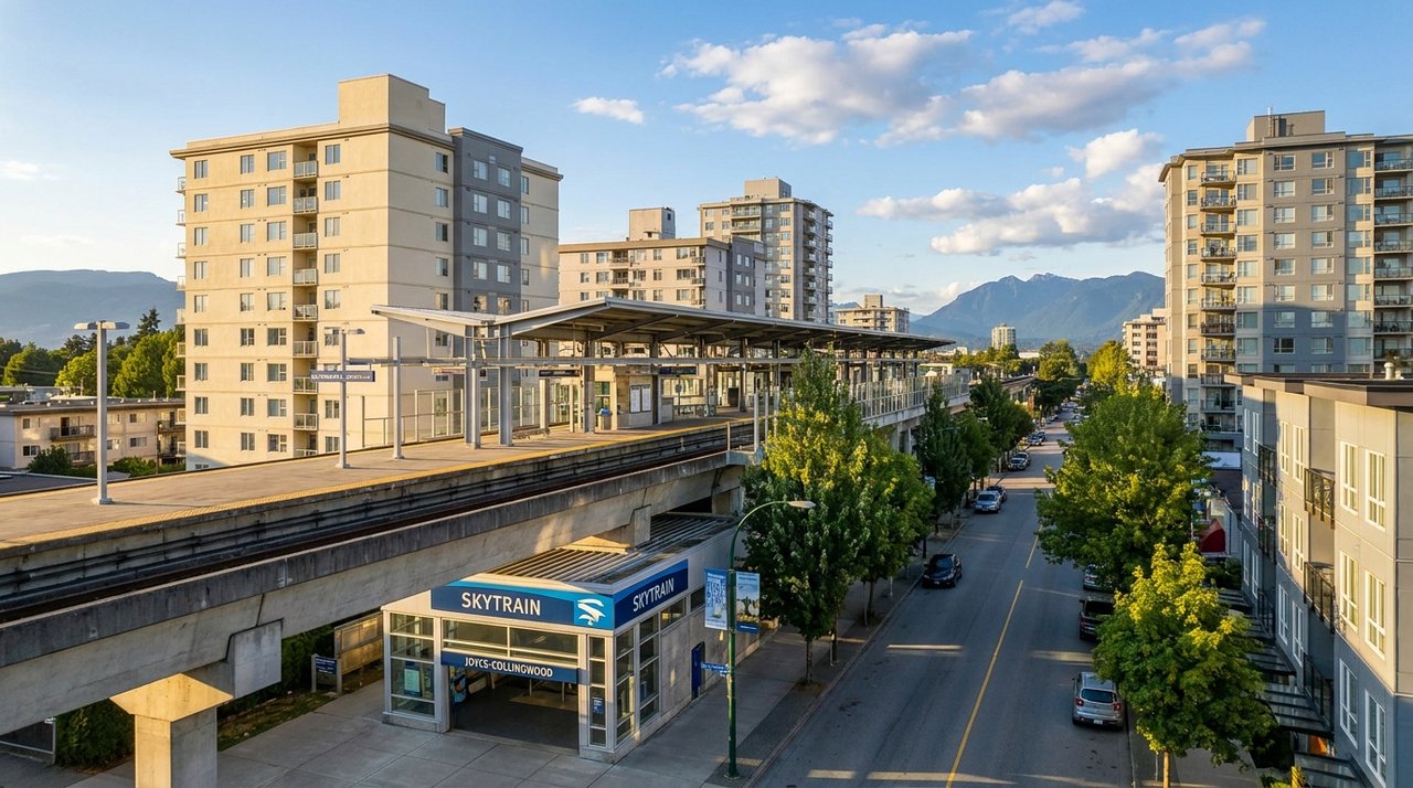 Architectural render of Joyce-Collingwood SkyTrain Station exterior at golden hour in Renfrew-Collingwood, Vancouver, BC — the transit anchor of East Vancouver, for AG. Song REALTOR®