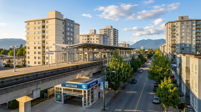 Architectural render of Joyce-Collingwood SkyTrain Station exterior at golden hour in Renfrew-Collingwood, Vancouver, BC — the transit anchor of East Vancouver, for AG. Song REALTOR®