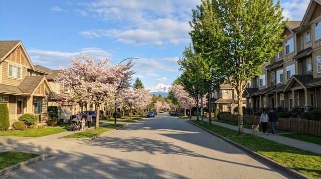 Sunny summer streetscape in South Surrey, BC — cherry blossom trees in bloom with Coast Mountains on the horizon, shot on Pixel 9 Pro for AG. Song REALTOR®