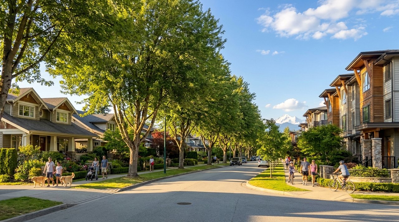 Modern townhome streetscape in Sullivan Station, Surrey, BC — newer family community along the 152 Street corridor, photographed for AG. Song REALTOR®
