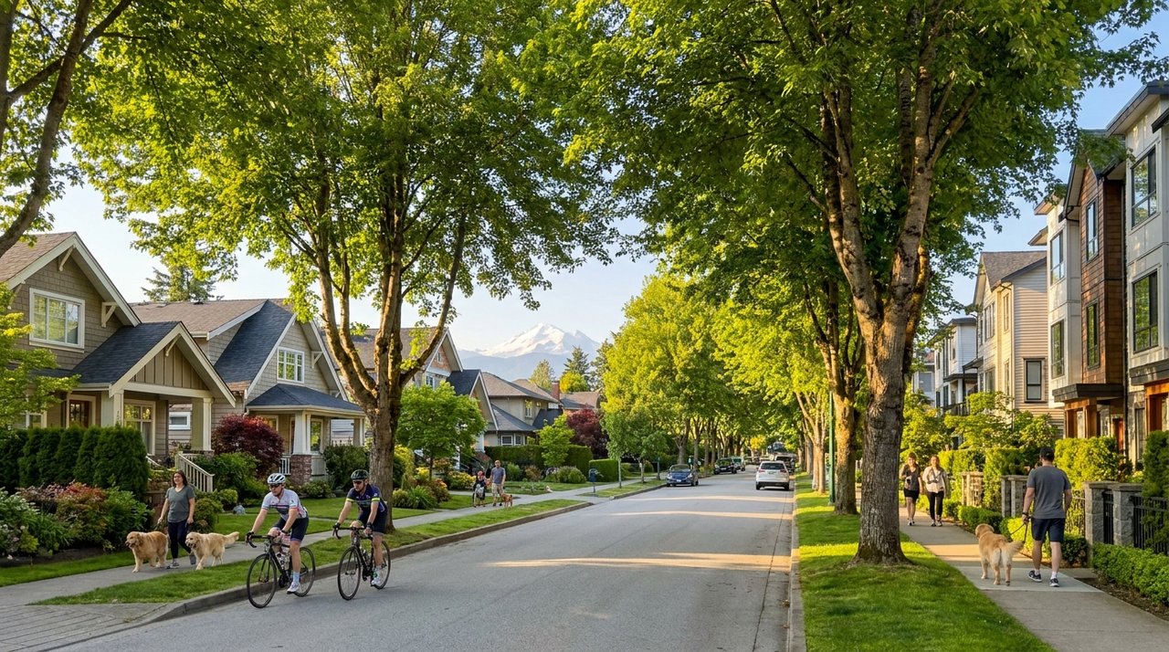 Quiet streetscape in Sunnyside, Surrey, BC adjacent to the Sunnyside Acres Urban Forest — tall evergreens and character estate homes, photographed for AG. Song REALTOR®