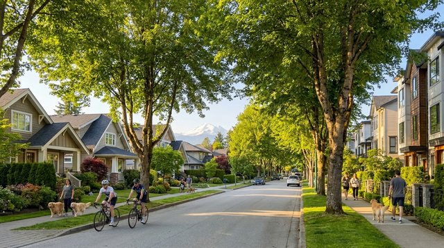 Quiet streetscape in Sunnyside, Surrey, BC adjacent to the Sunnyside Acres Urban Forest — tall evergreens and character estate homes, photographed for AG. Song REALTOR®