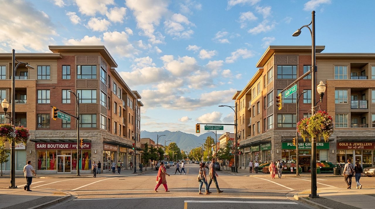 Punjabi Market at Main & 49th, Sunset, Vancouver Architectural render of the Punjabi Market commercial corridor at the intersection of Main Street and East 49th Avenue in Sunset, Vancouver, BC, with bilingual English-Punjabi street signs, for AG. Song REALTOR®