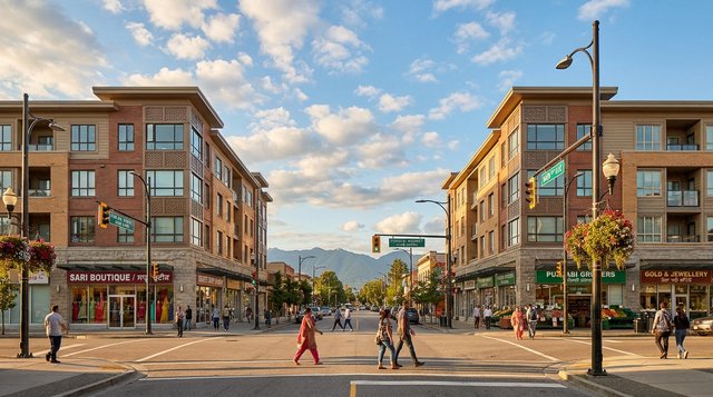 Architectural render of the Punjabi Market commercial corridor at the intersection of Main Street and East 49th Avenue in Sunset, Vancouver, BC, with bilingual English-Punjabi street signs, for AG. Song REALTOR®