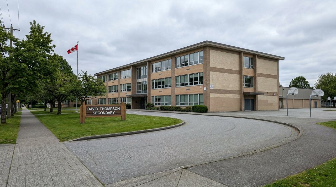 David Thompson Secondary School, Victoria-Fraserview, Vancouver Realtor phone snap of David Thompson Secondary School exterior in Victoria-Fraserview, Vancouver, BC — the major SD39 catchment school for the neighbourhood, for AG. Song REALTOR®