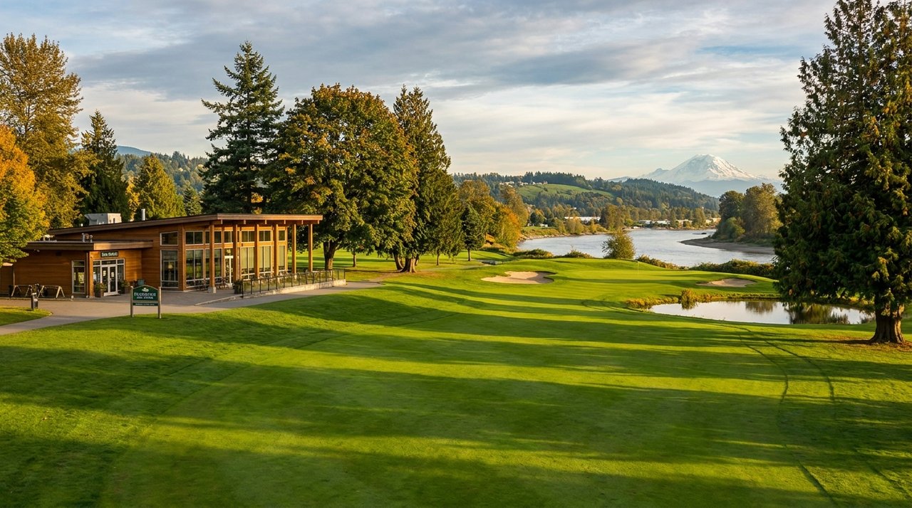 Fraserview Golf Course, Victoria-Fraserview, Vancouver Architectural render of the Fraserview Golf Course clubhouse and signature fairway in Victoria-Fraserview, Vancouver, BC — the namesake 18-hole municipal course, for AG. Song REALTOR®