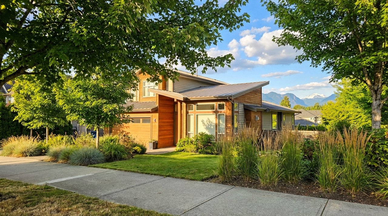 Contemporary West Coast home in Walnut Grove, Langley, BC — summer exterior with ornamental grasses and Golden Ears mountains, photographed for AG. Song REALTOR®