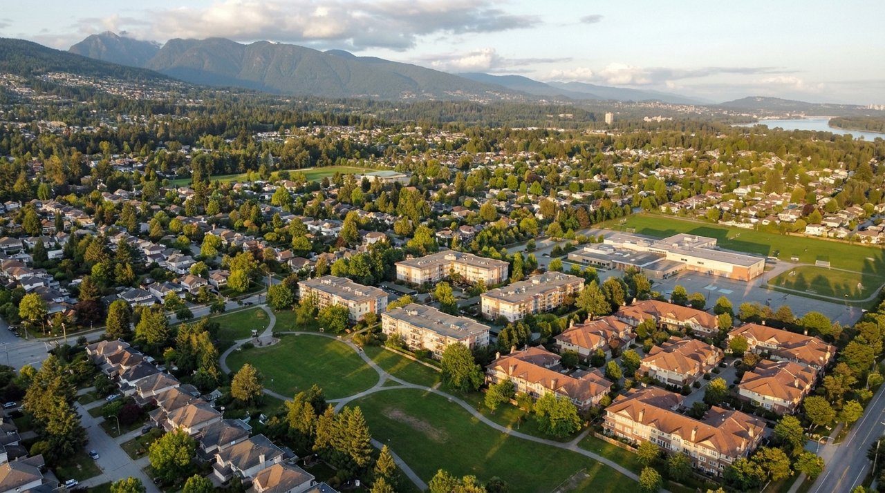 Aerial view over Greater Vancouver and Fraser Valley residential neighbourhoods at golden hour — the regional housing market covered by AG. Song's real estate blog